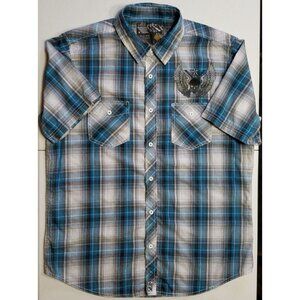 NSS Short Sleeve Button Up Teal/Black/White Plaid Skull Wings Shirt Men's Large